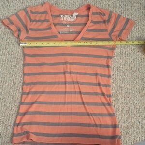 Threads 4 Thought Women's V-Neck Striped Tee - Coral and Charcoal